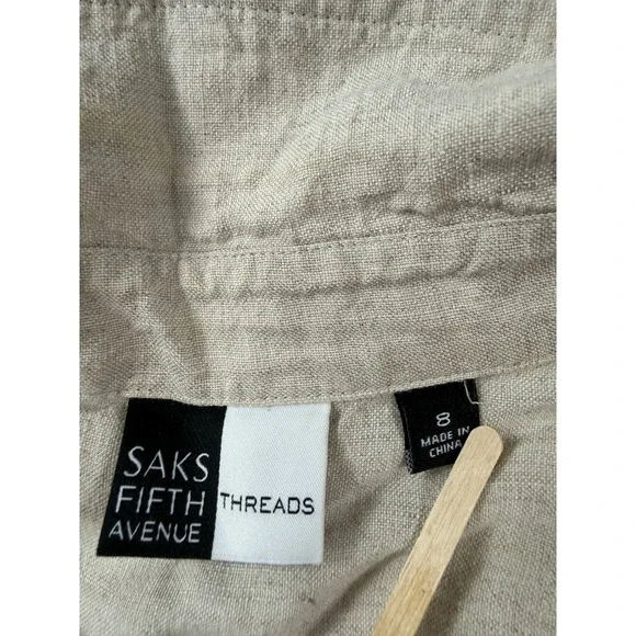 Saks Fifth Avenue Threads 100% Linen Maxi Shirt Dress Beige Tan Size 8 Button Up - Picture 2 of 6
